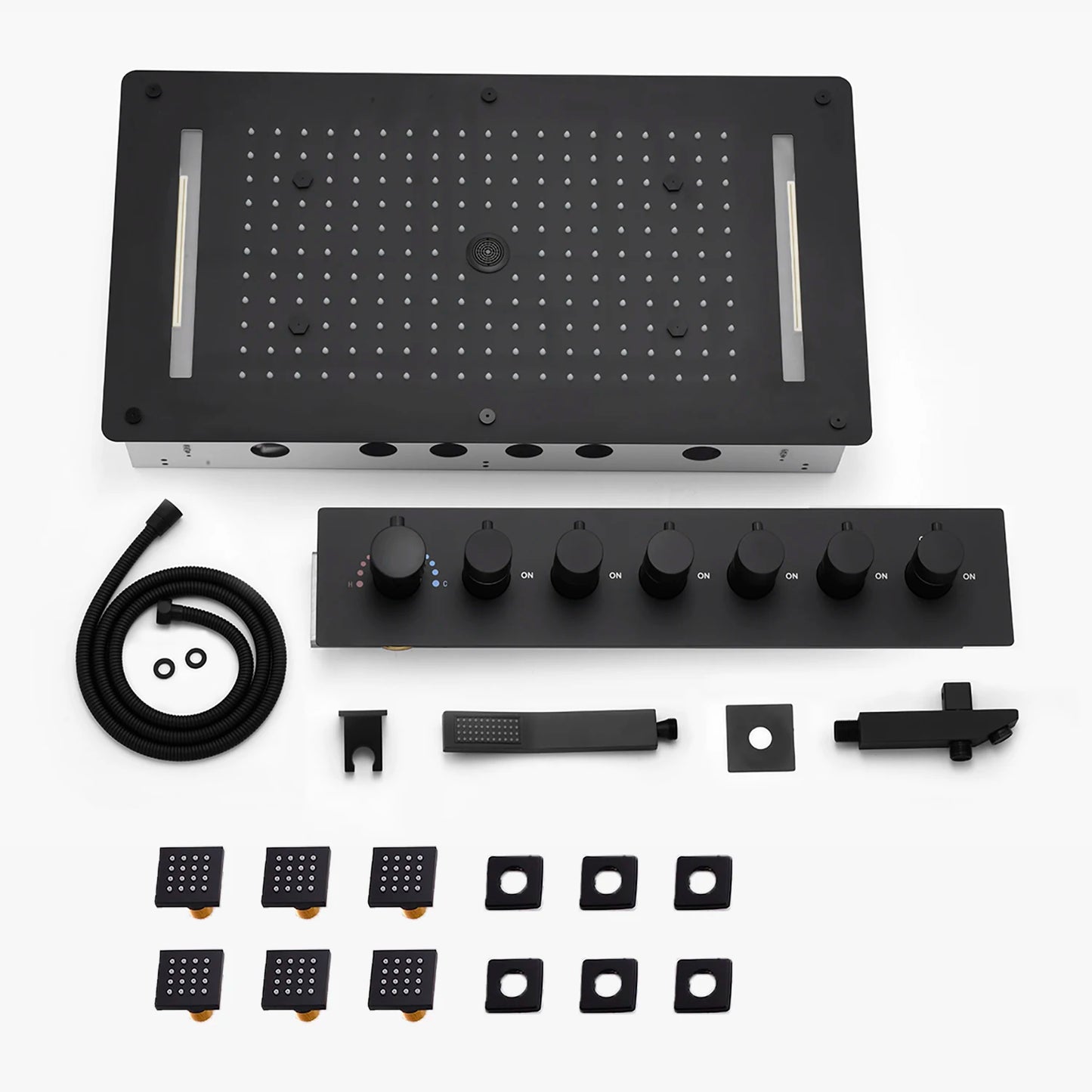 MMOOKA Matt Black Shower Faucet Panel 28x15 Inch RGB LED Shower Head Set Thermostatic Mixer Valve Kit 6 Pcs 2 Inch Side Jets MMOOKA.COM