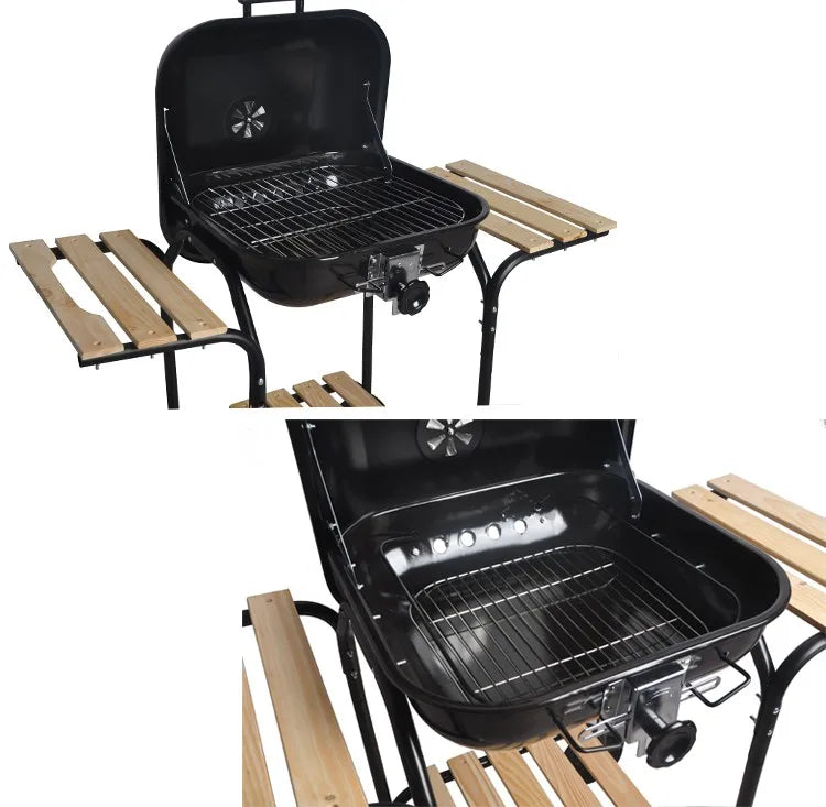 SEJR 18 inch Black Portable Charcoal BBQ Grill with Wooden Side Table Barbecue 98X59X89cm