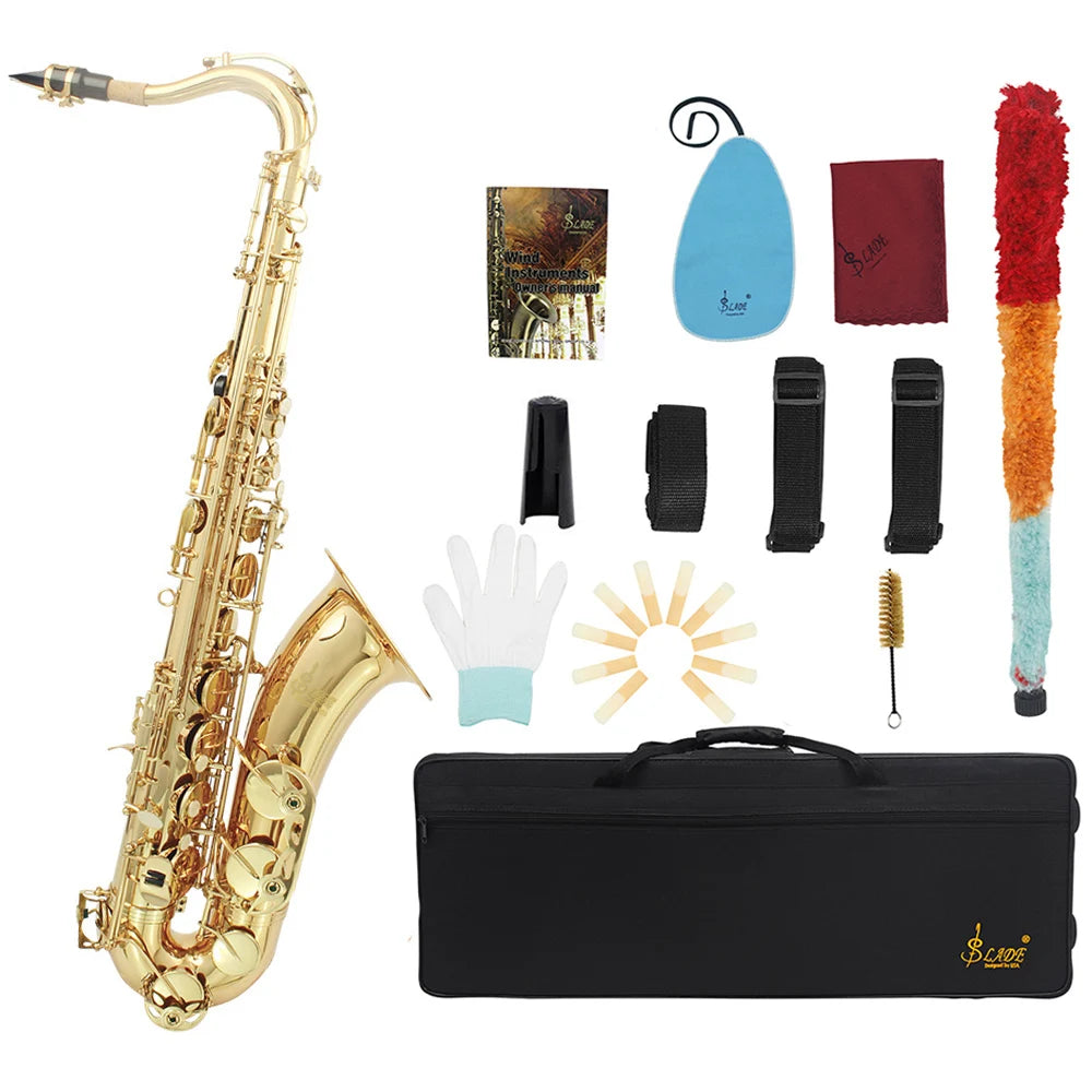 SLADE Brass Tenor Saxophone Instrument Professional Bb Saxophone with Cleaning Cloth Glove Reed Back Mouthpiece Accessories