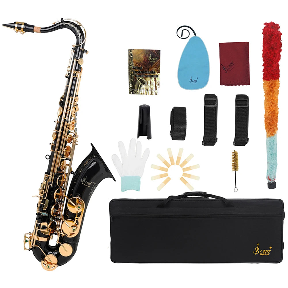 SLADE Brass Tenor Saxophone Instrument Professional Bb Saxophone with Cleaning Cloth Glove Reed Back Mouthpiece Accessories