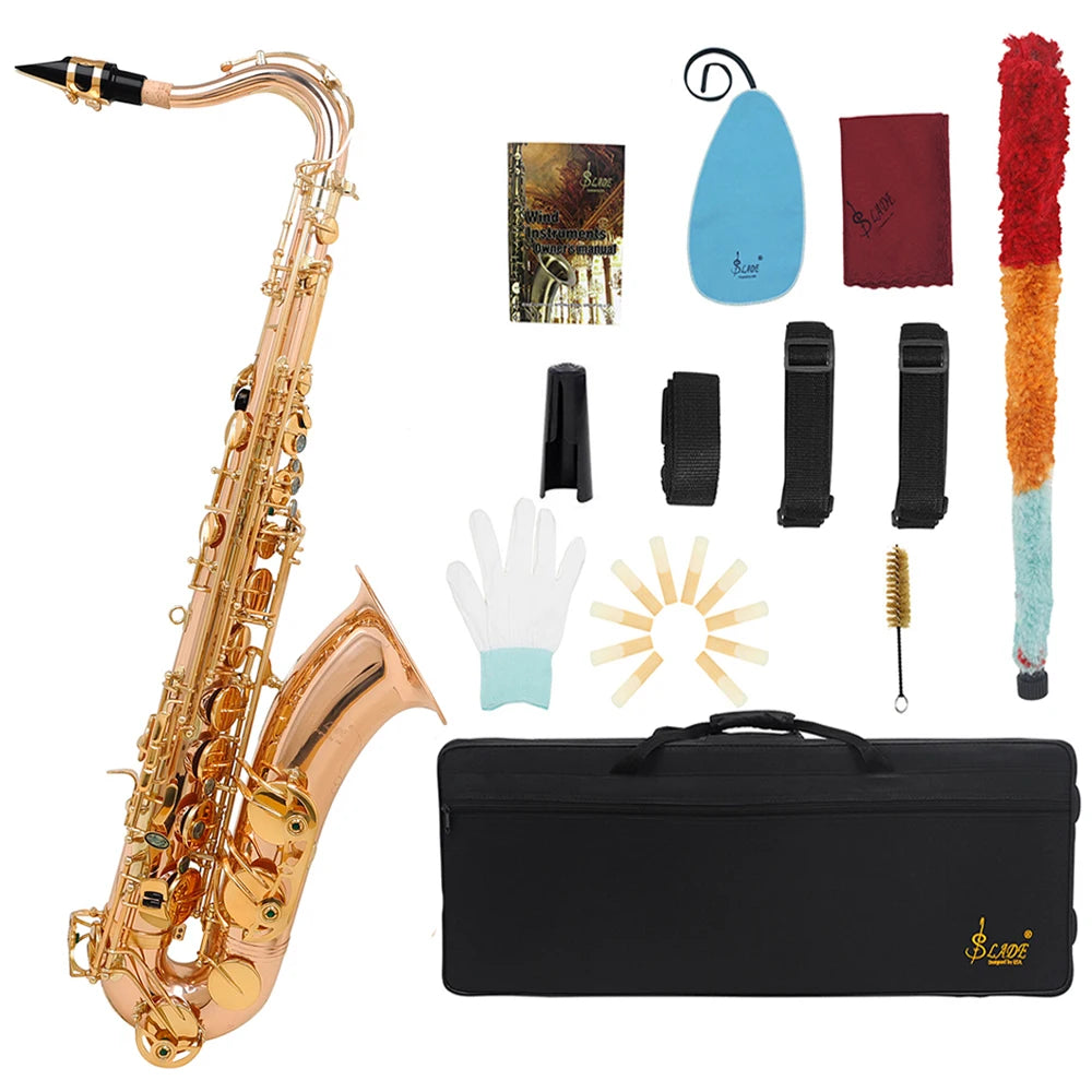 SLADE Brass Tenor Saxophone Instrument Professional Bb Saxophone with Cleaning Cloth Glove Reed Back Mouthpiece Accessories