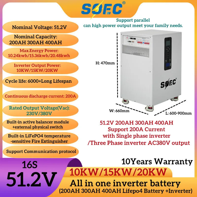 SOEC 20KW 15KW 10KW lithium LiFePO4 battery 48v 200ah 300AH 400AH 51.2V PowerWall with BMS&10KW Inverter&MPPT 10Years Warranty