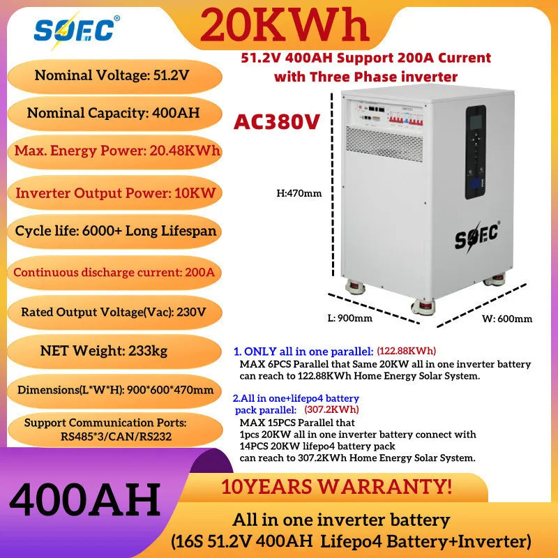 SOEC 20KW 15KW 10KW lithium LiFePO4 battery 48v 200ah 300AH 400AH 51.2V PowerWall with BMS&10KW Inverter&MPPT 10Years Warranty