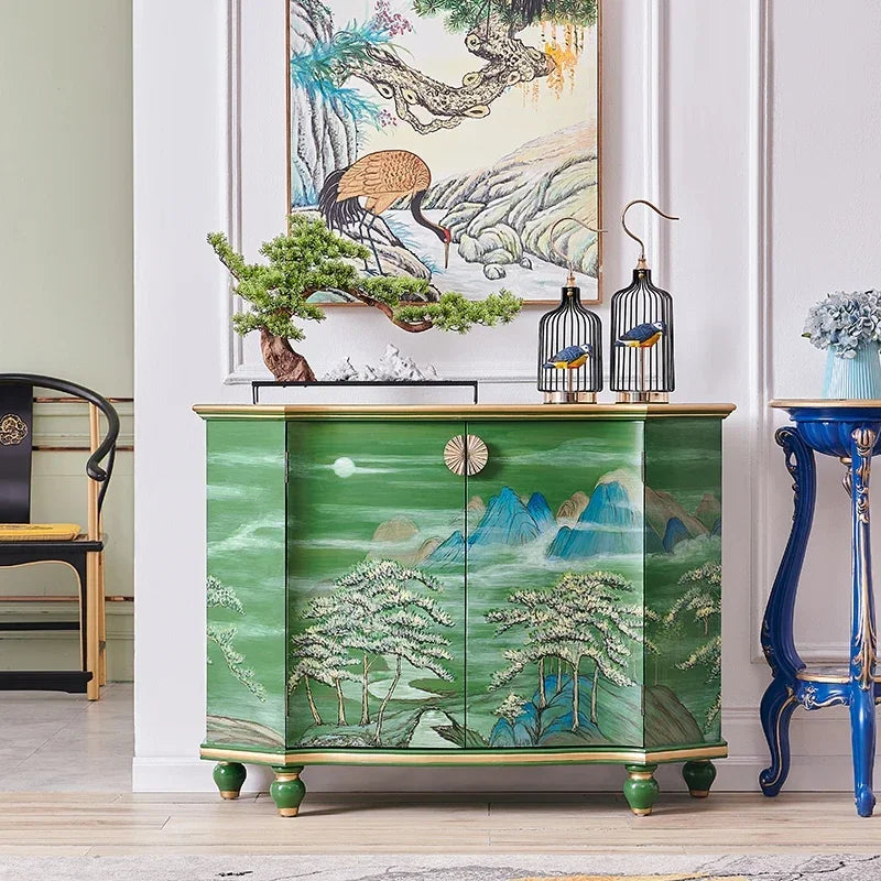 MMOOKA Retro Entrance Green Painted Landscape Entrance Decoration Hall Cabinet Living Room Sideboard Cabinet