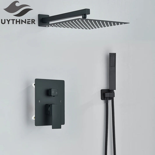 MMOOKA Black Bath Shower Set Wall Mounted Concealed Shower Faucet System Rainfall Bathroom Mixer Bathtub Tap with Hand Sprayer