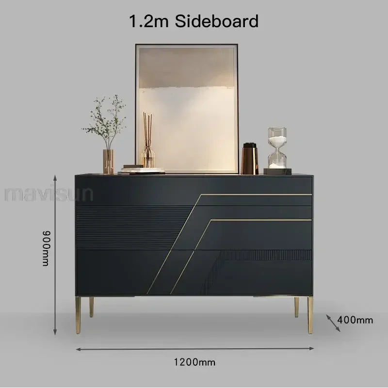 MMOOKA Black Kitchen Cabinet Decoration Simple Solid Wood Living Room Furniture Luxury Villa Large Capacity Buffet Stainless Steel Leg