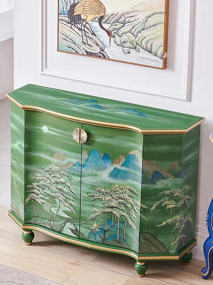 MMOOKA Retro Entrance Green Painted Landscape Entrance Decoration Hall Cabinet Living Room Sideboard Cabinet