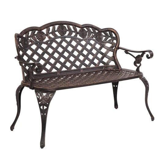 MMOOKA 42.5inch Outdoor Patio Porch Garden Chair Cast Aluminum Leisure Rose Couple Bench Easy to Clean 108x60x83CM Bronze[US-Stock]