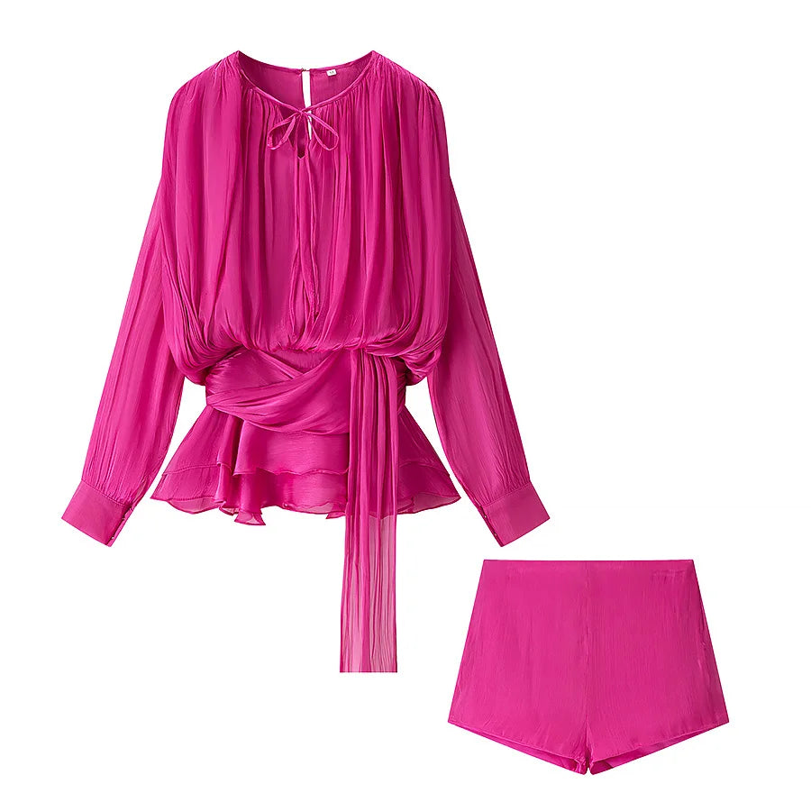 TRAFZA Women Elegant Chic O-Neck Pleated Decoration Long Sleeves Solid Mini Dress+Fashion Rear Zipper Slim Shorts 2 Piece Set
