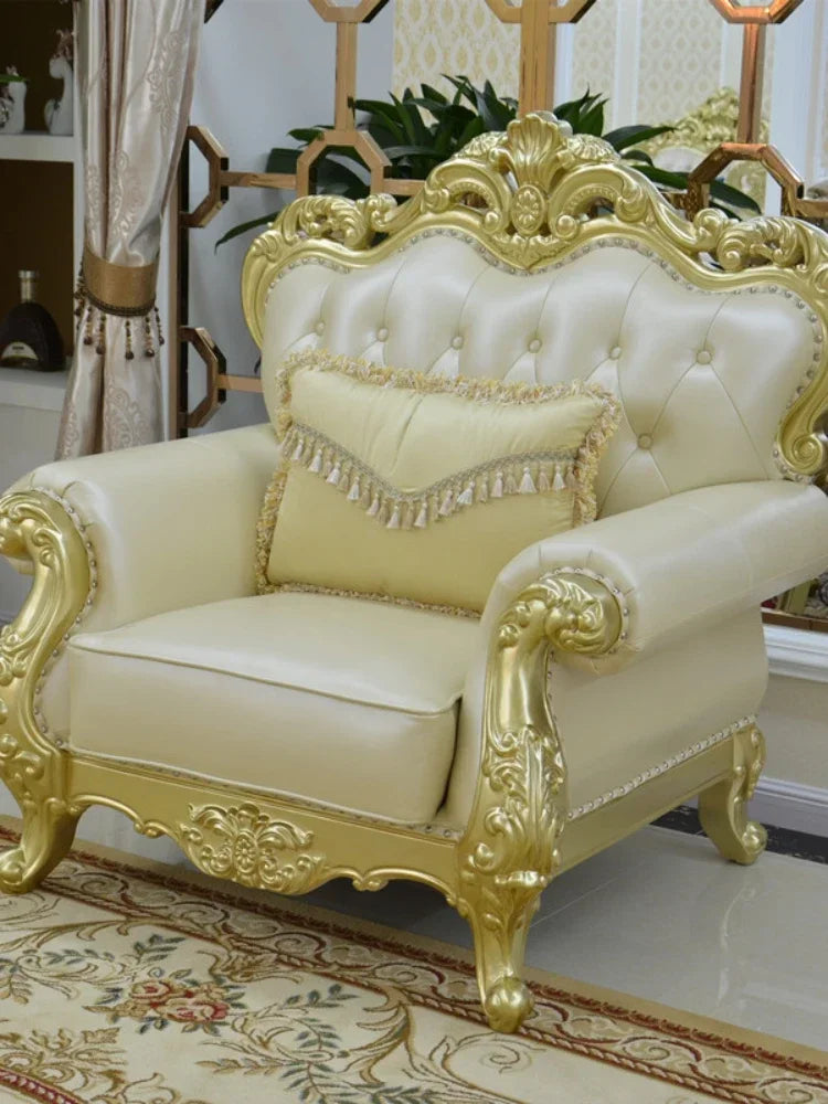 MMOOKA European-style Leather Sofa Combination 123 Luxury Living Room Furniture Full Solid Wood Oak Sofas Champagne Couch Modern Home