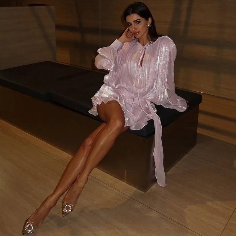 Tornova Chiffon Long Sleeve Dress Sets Female Lace Up Lantern Sleeve Elegant Ruffled Dress High Street Sexy Perspective Outfits