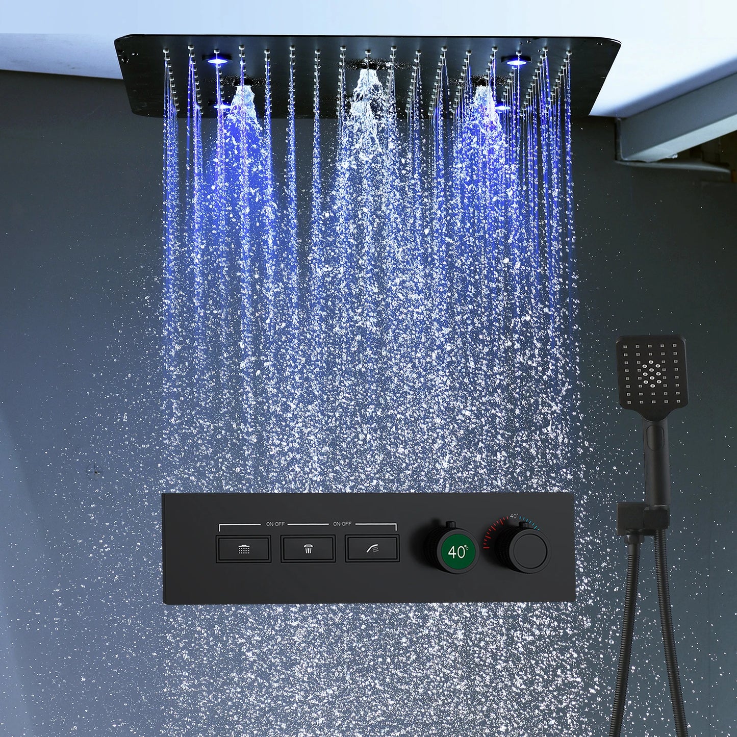 ANTNX Matt Black Surface Remote LED 20inch Square Shower Head Ultra Thin Panel Thermostatic Faucet Mixer System Rainfall Spray Set ANTNX.COM
