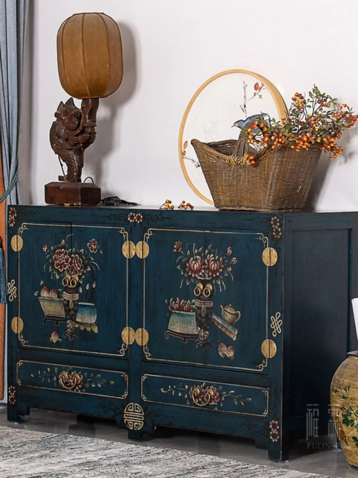 MMOOKA Chinese Painted Furniture Solid Wood Locker Vintage Cabinet Distressed New Chinese Style Side Cabinet