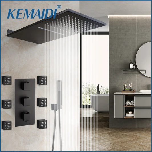 MMOOKA KEMAIDI 22 Inch Shower System High Pressure Waterfall Bathroom Shower Faucet Set with Solid Brass Valve Hand Spray  6 Body Jets