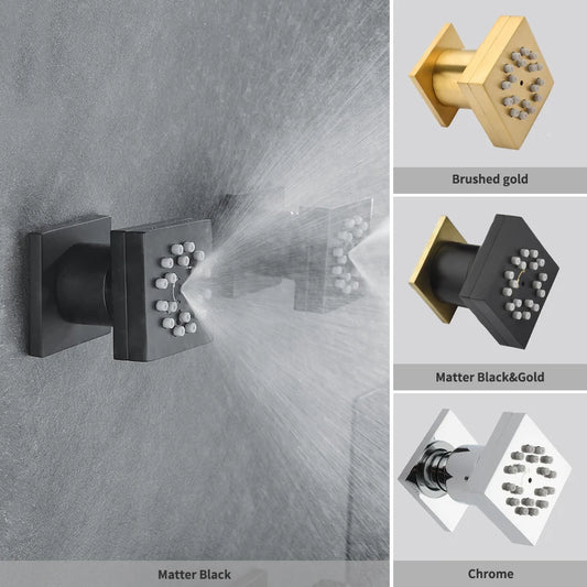 MMOOKA Black Square Body Rain Shower Spray Jets Bathroom Solid Brass Head Sprayer Set Saving Water Massage Jet System MMOOKA.COM