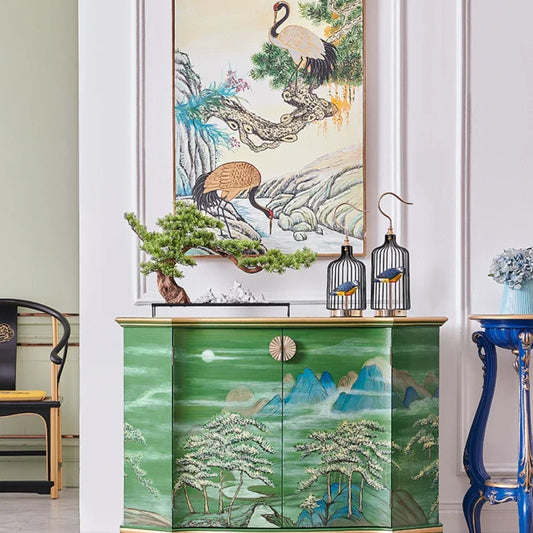 MMOOKA Retro Entrance Green Painted Landscape Entrance Decoration Hall Cabinet Living Room Sideboard Cabinet