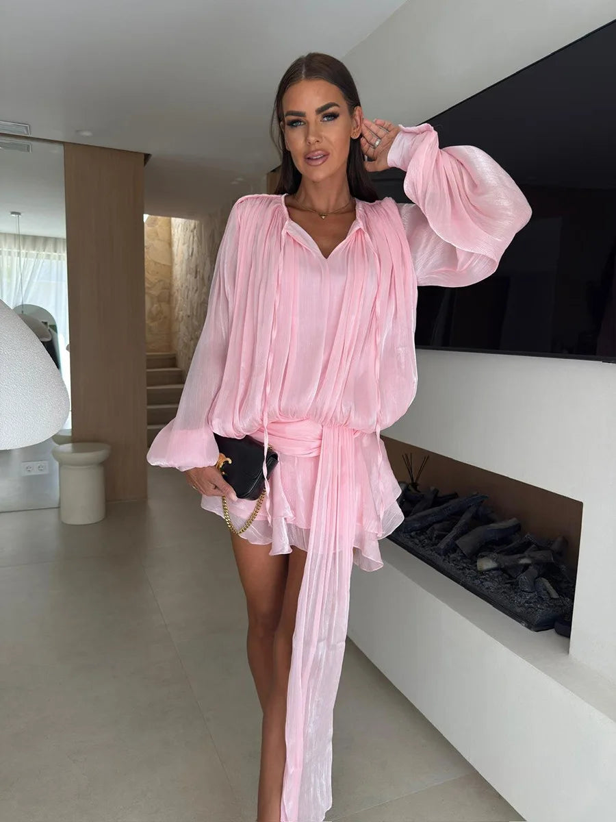 Tornova Chiffon Long Sleeve Dress Sets Female Lace Up Lantern Sleeve Elegant Ruffled Dress High Street Sexy Perspective Outfits