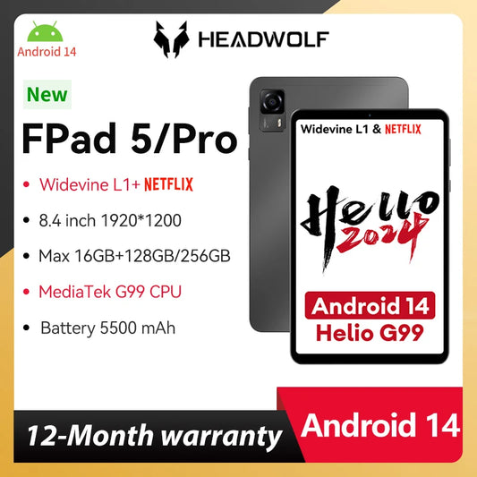 MMOOKA HEADWOLF FPad5/Pro Android 14 tablet 8.4 inch Max 16GB Ram 128GB/256GB ROM UFS2.1 Octa-core G99 Tablet PC Support WideVine L1
