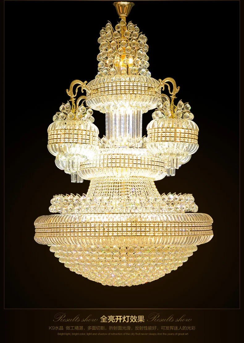 Large Golden Crystal Chandeliers Lights Fixture American Luxury Chandelier European Big Hanging Lamp Villa Hotel Staircase Light