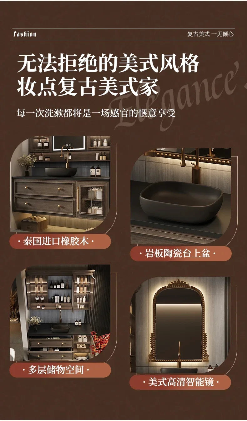 MMOOKA Bathroom Vanity With Sink Wall Mount Aesthetic French Style Retro Oak Bathroom Slate Washbasin Combination Custom Washbasin