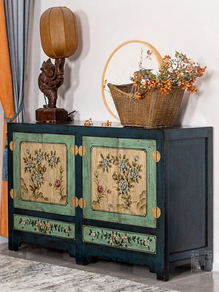 MMOOKA Chinese Painted Furniture Solid Wood Locker Vintage Cabinet Distressed New Chinese Style Side Cabinet