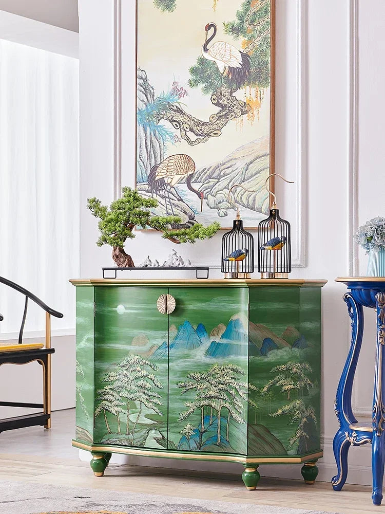 MMOOKA Retro Entrance Green Painted Landscape Entrance Decoration Hall Cabinet Living Room Sideboard Cabinet