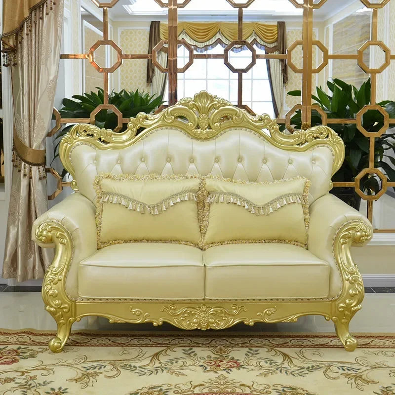 MMOOKA European-style Leather Sofa Combination 123 Luxury Living Room Furniture Full Solid Wood Oak Sofas Champagne Couch Modern Home