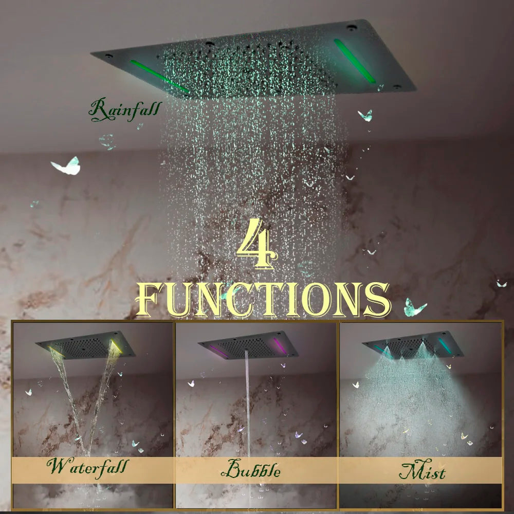 MMOOKA LED Ceiling Shower Head 27.56"x14.96" Matte Black Embedded Showerhead Massage Rainfall Waterfall Bubble Mist Stainless Steel MMOOKA.COM