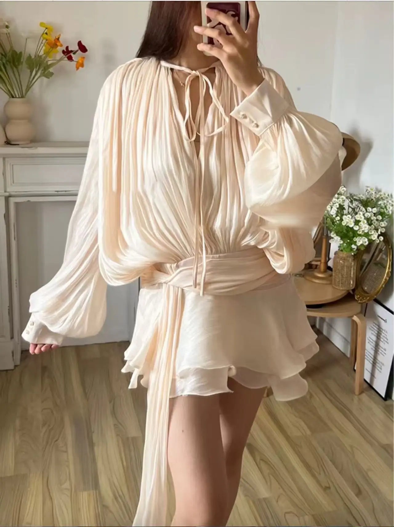 2025 Elegant Shiny Lace Up Women's Backless Ruffles Dress Chic Solid Lantern Sleeve A-line Mini Dresses New Lady Street Vestidos