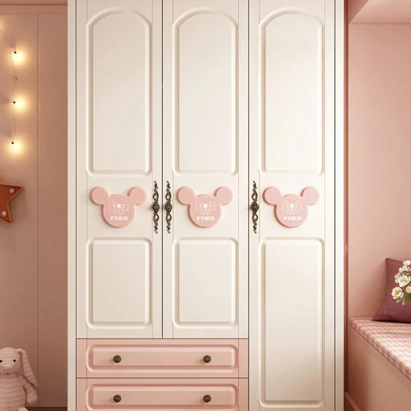 MMOOKA Children's Wardrobe Home Bedroom Cabinet Wood Foot Two Doors Three Doors Vertical Hinged Door Girls Pink
