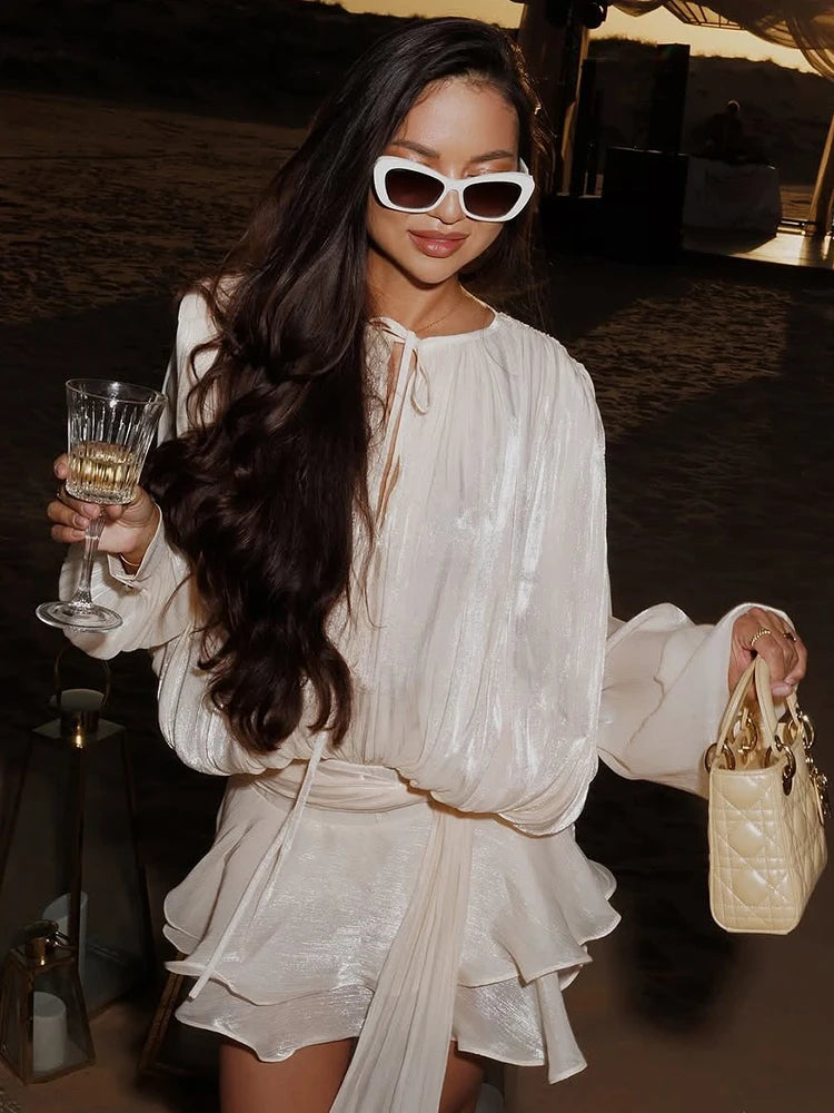 VC Chic Chiffon Mini Dress with Tie-Neck and Lantern Long Sleeves for a Garden Party Evening Gown
