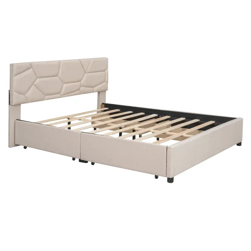 MMOOKA Beige Queen Size Upholstered Platform Bed with Brick Pattern Heardboard and 4 Drawers, Linen Fabric,for indoor bedroom furniture