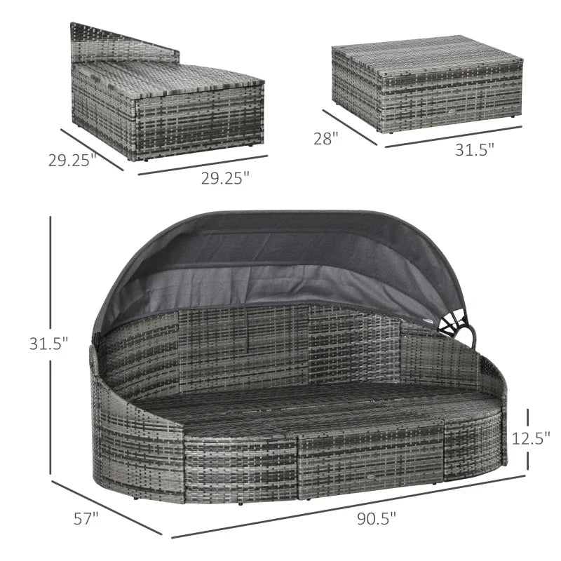 MMOOKA Grey Outdoor Round Daybed 4 Pieces Wicker Outdoor Rattan Sofa with Canopy,Cushions,Pillows for Lawn Garden Backyard
