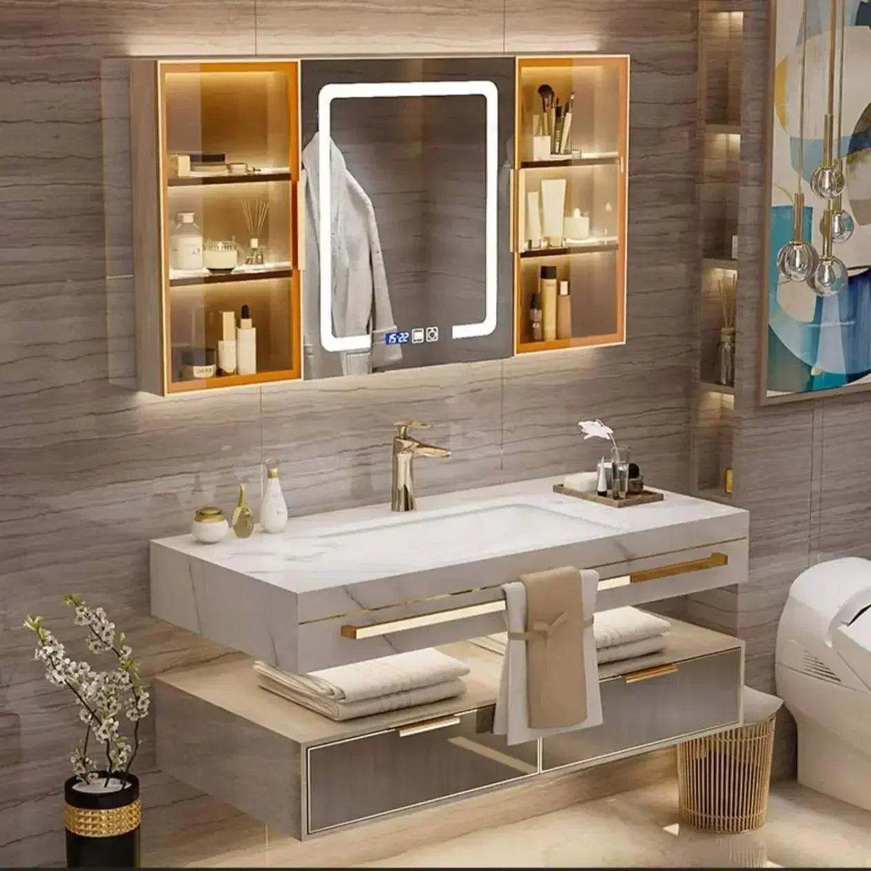 ANTNX Modern Slate Bathroom Cabinet with Smart Mirror Ceramic Double Washbasin Bathroom Vanity Cabinets Under Sink Bathroom Furniture ANTNX.COM