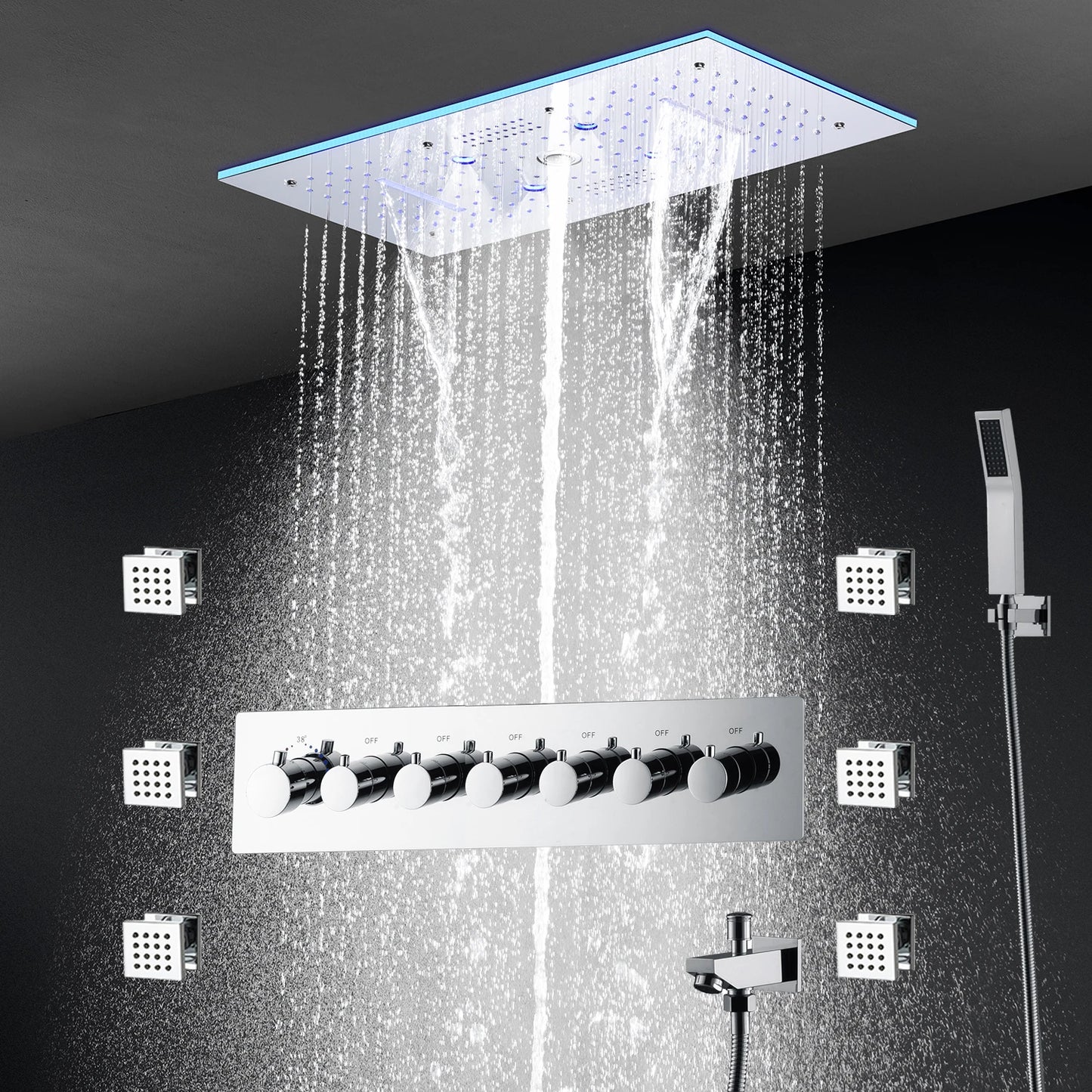 ANTNX 60x30cm 24x12Inch Big Music LED Shower Head 6 Function SPA Massag Thermostatic Mixer Faucet Kit ANTNX.COM