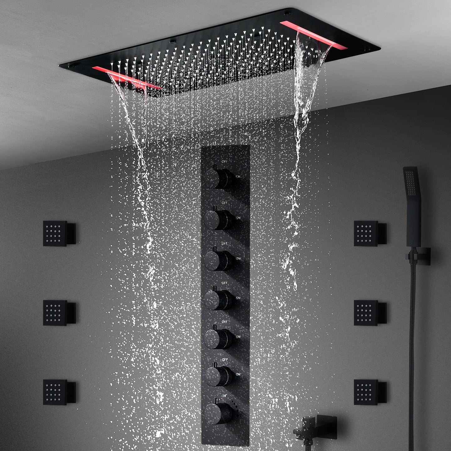 MMOOKA Matt Black Shower Faucet Panel 28x15 Inch RGB LED Shower Head Set Thermostatic Mixer Valve Kit 6 Pcs 2 Inch Side Jets MMOOKA.COM