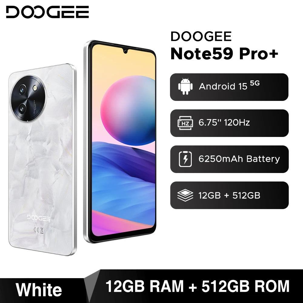 MMOOKA DOOGEE Note59 Pro+ 5G Smartphone Android 15 Global Version 6250mAh Battery 6.75'' 120Hz Display 12GB 512GB Mobile Phone NFC