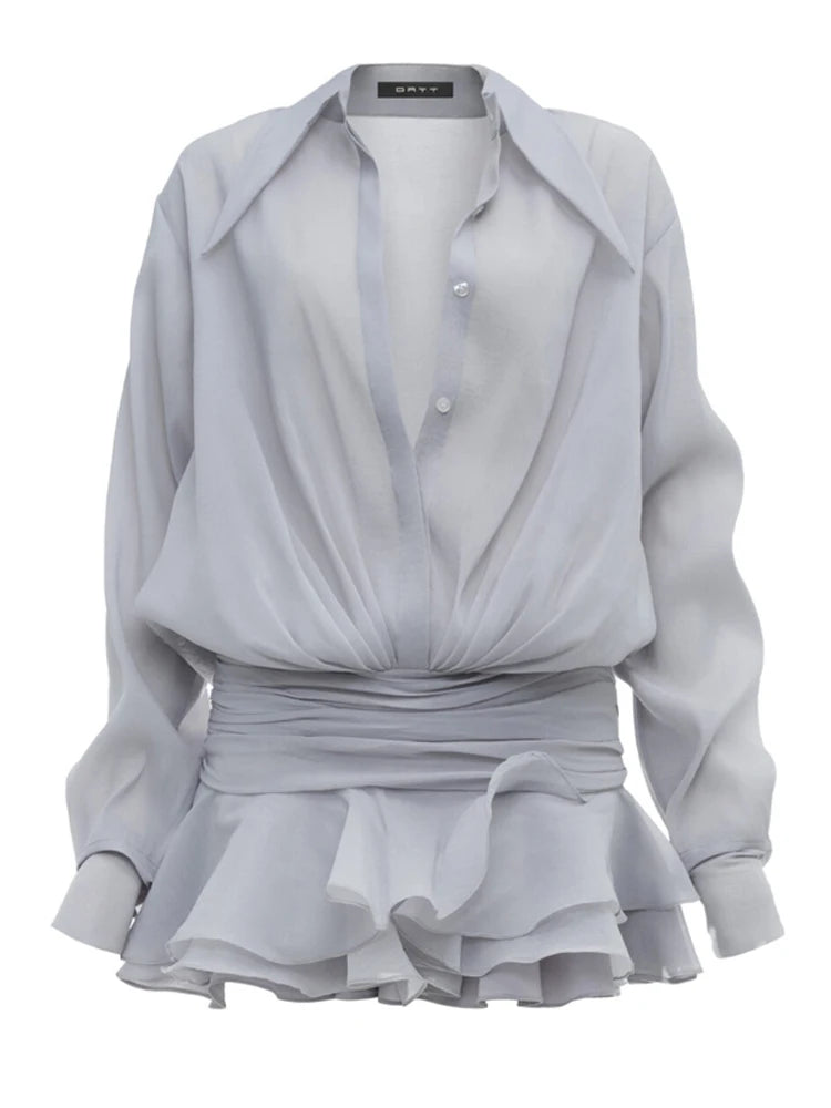 MMOOKA Tossy Fashion White Ruffled Mini Dress For Women Cardigan Patchwork See-Through Long Sleeve Sexy Night Club Party Dress Women's