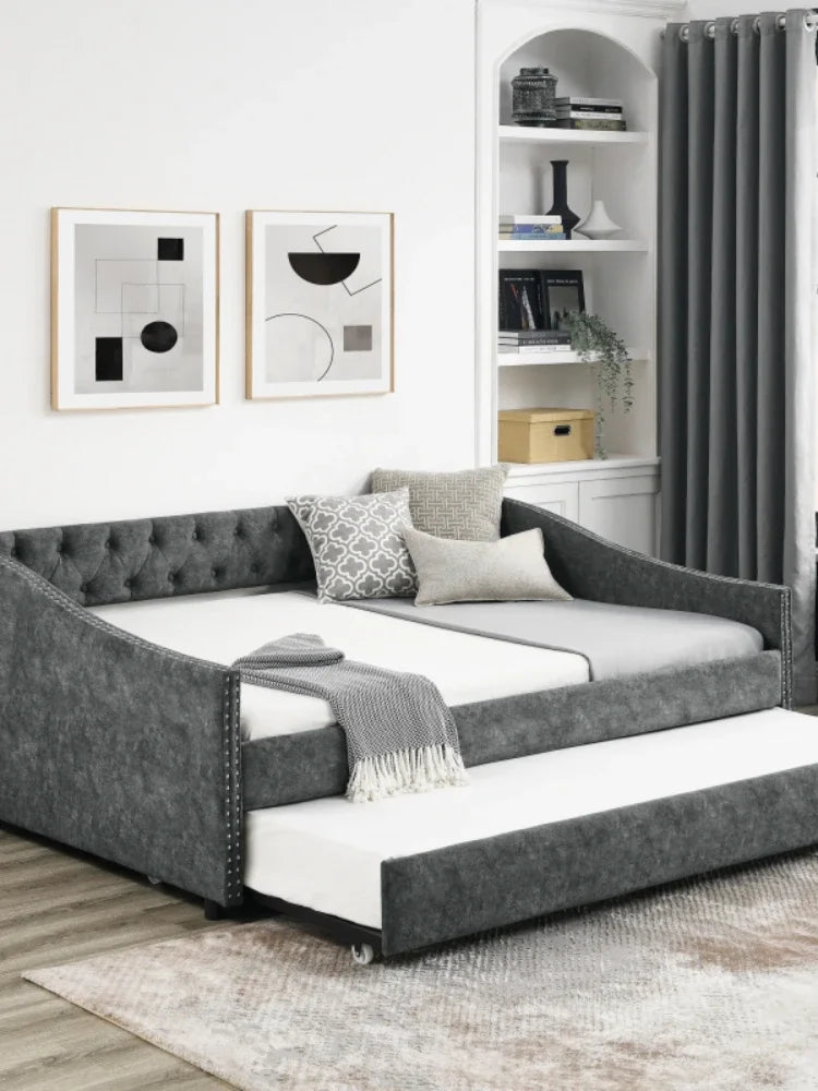 MMOOKA Full Size Daybed with Twin Size Trundle Upholstered Tufted Sofa Bed, with Button on Back for ivingroom,bedroom furniture