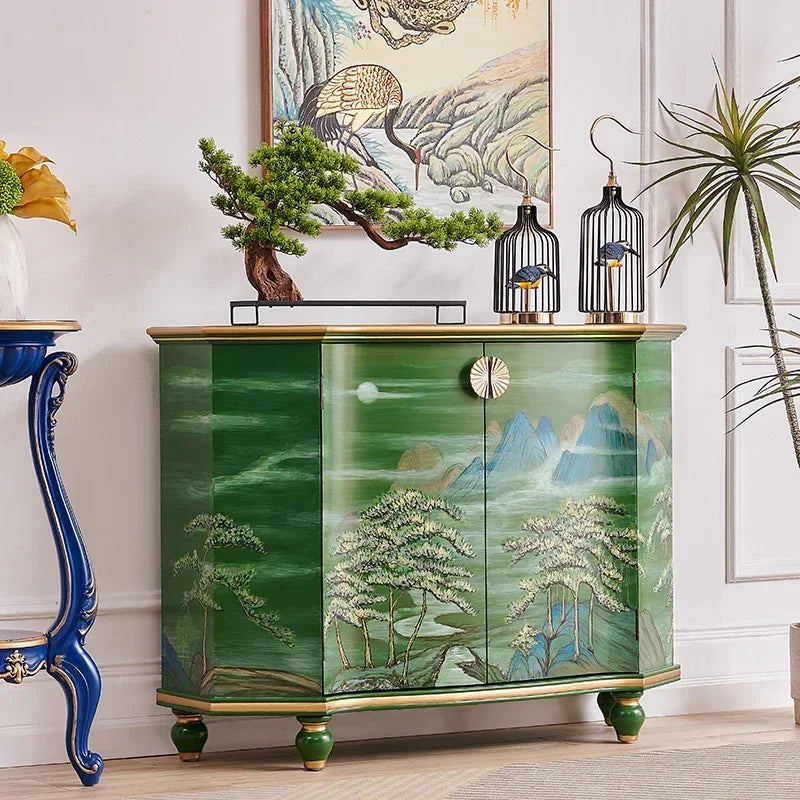 MMOOKA Retro Entrance Green Painted Landscape Entrance Decoration Hall Cabinet Living Room Sideboard Cabinet