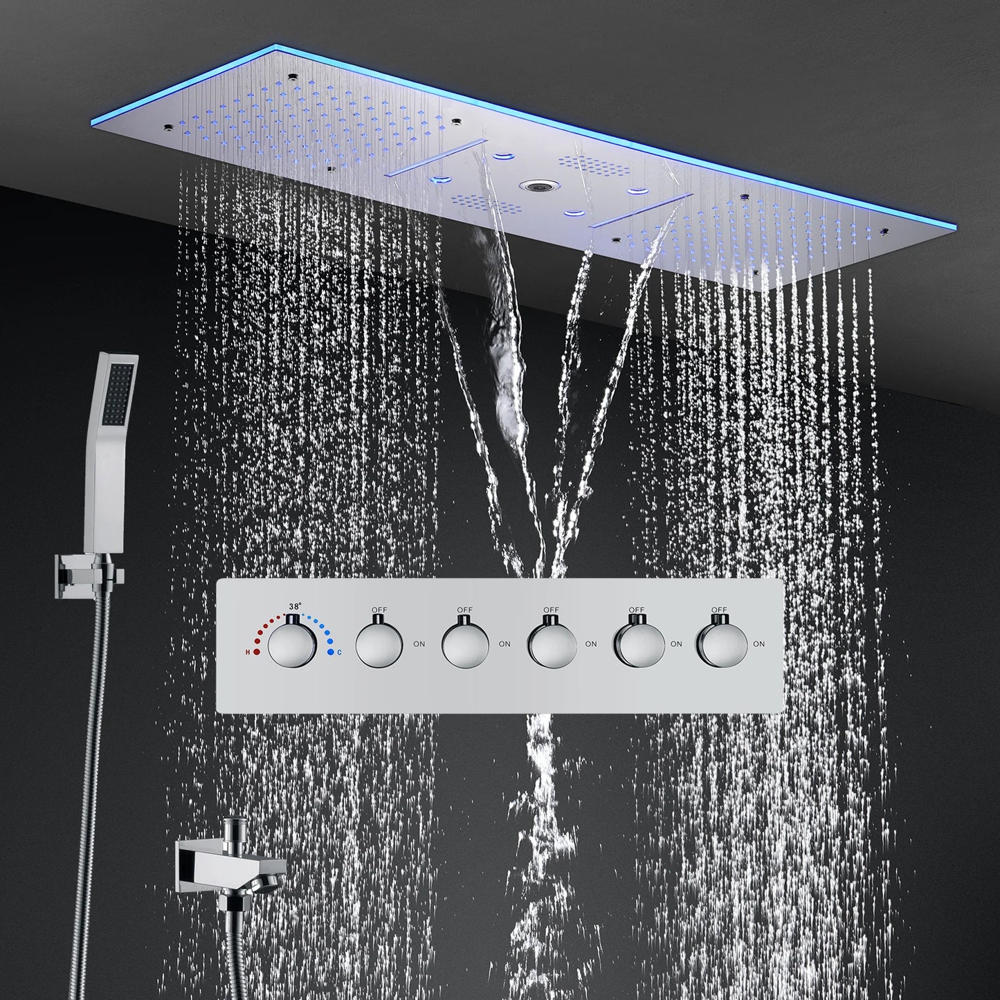 ANTNX Bathroom Ceiling Concealed 36x12Inch 900x300mm Bluetooth Music LED Shower Head Panel Kit Thermostatic Mixer Valve ANTNX.COM