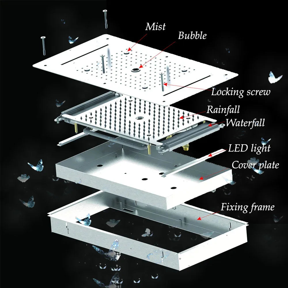 Luxury LED Ceiling Shower Head 304 Stainless Steel Recessed Mounted Square Rainfall Waterfall Bubble Mist Bathroom Showers