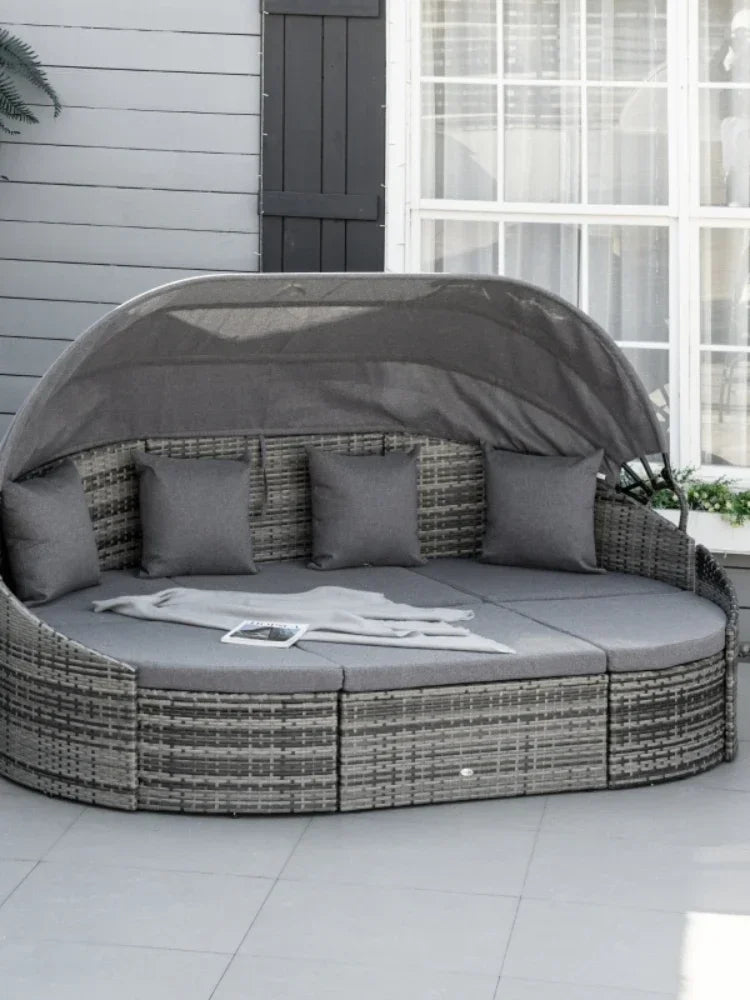 MMOOKA Grey Outdoor Round Daybed 4 Pieces Wicker Outdoor Rattan Sofa with Canopy,Cushions,Pillows for Lawn Garden Backyard