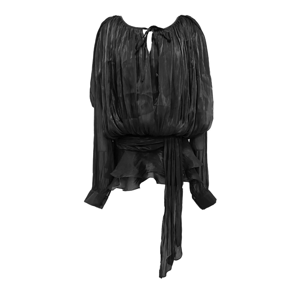 VC Chic Chiffon Mini Dress with Tie-Neck and Lantern Long Sleeves for a Garden Party Evening Gown