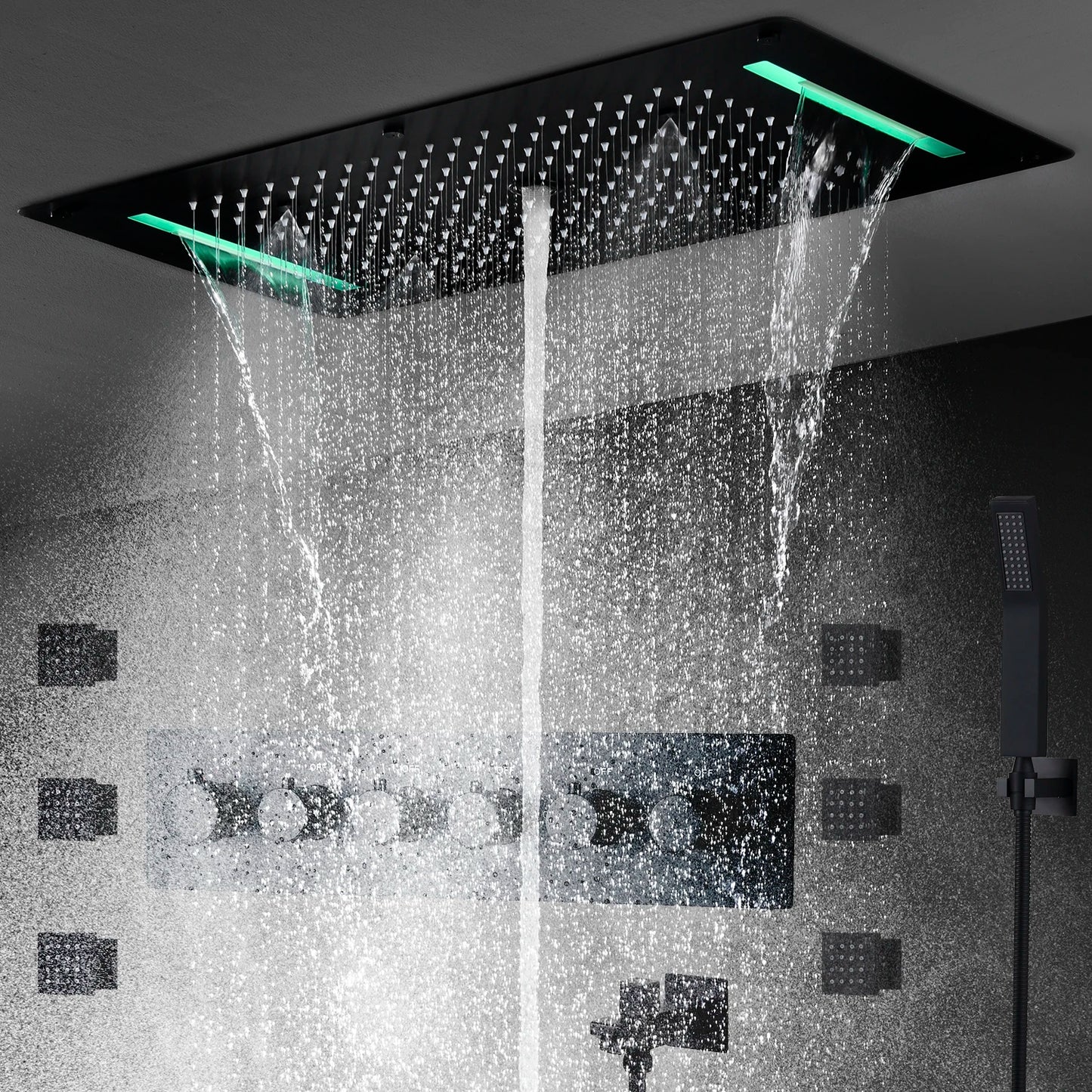MMOOKA Matt Black Shower Faucet Panel 28x15 Inch RGB LED Shower Head Set Thermostatic Mixer Valve Kit 6 Pcs 2 Inch Side Jets MMOOKA.COM