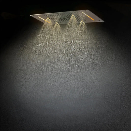 Luxury LED Ceiling Shower Head 304 Stainless Steel Recessed Mounted Square Rainfall Waterfall Bubble Mist Bathroom Showers