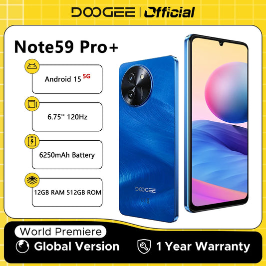 MMOOKA DOOGEE Note59 Pro+ 5G Smartphone Android 15 Global Version 6250mAh Battery 6.75'' 120Hz Display 12GB 512GB Mobile Phone NFC