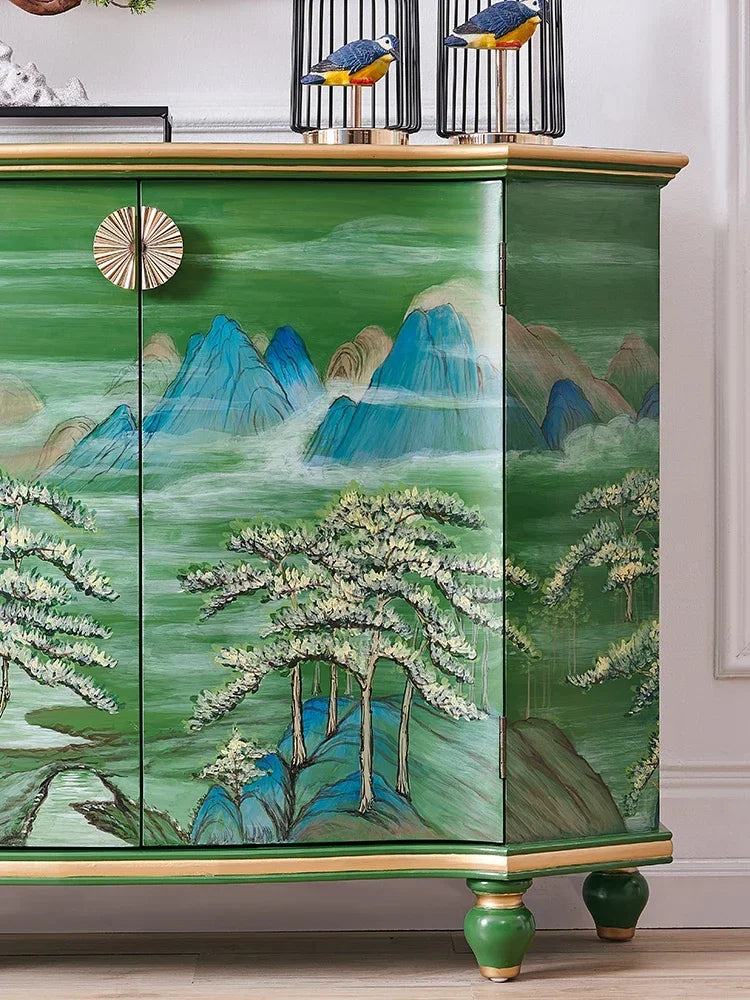 MMOOKA Retro Entrance Green Painted Landscape Entrance Decoration Hall Cabinet Living Room Sideboard Cabinet