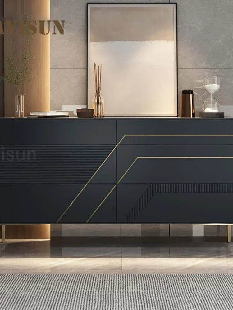 MMOOKA Black Kitchen Cabinet Decoration Simple Solid Wood Living Room Furniture Luxury Villa Large Capacity Buffet Stainless Steel Leg