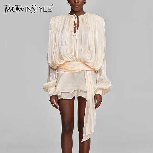 MMOOKA TWOTWINSTYLE Solid Loose Spliced Lace Up Elegant Dresses for Women Round Neck Long Sleeves Patchwork Folds Dress Female Style